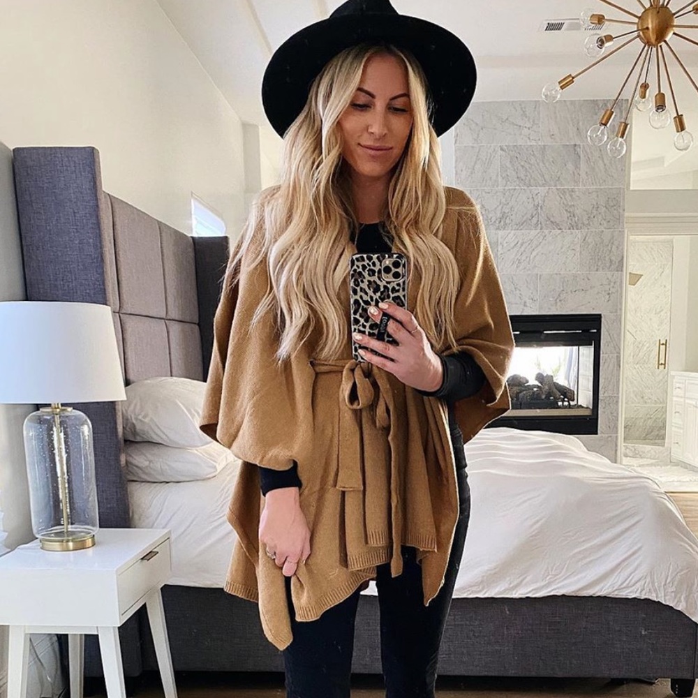 Vici Camel Brown Knit Poncho with Tie Waist